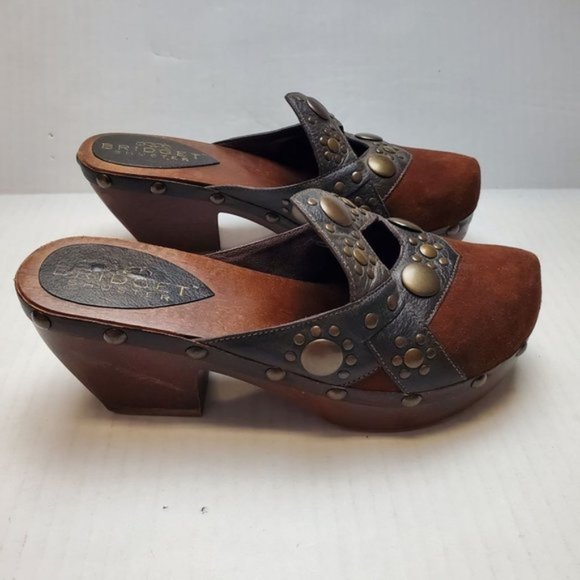 Bridget Shuster Women's Brown Suede Leather Bronze Studded Chunky Wooden Clog - Picture 12 of 16